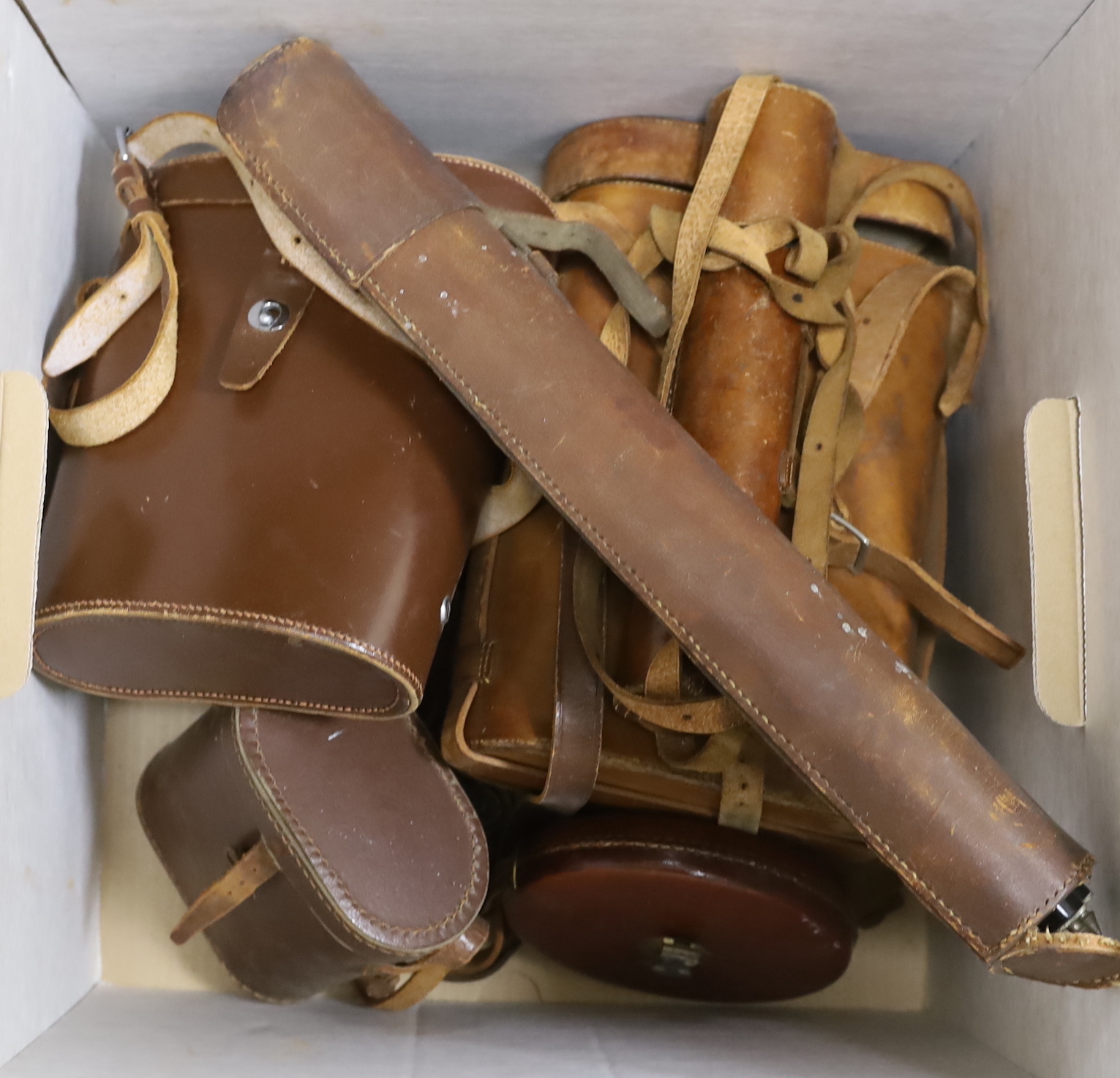 Mixed leather cased instruments, two pairs of binoculars, cameras etc